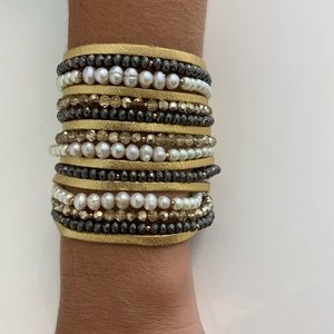 Gold leather and crystal beaded bracelet